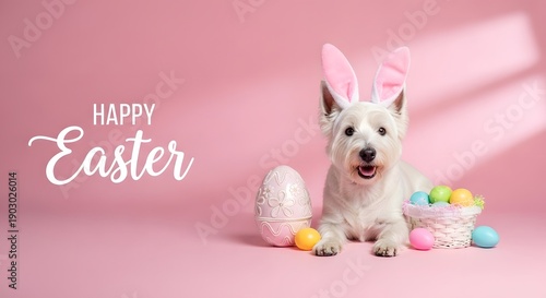Happy easter celebration with adorable white dog wearing bunny ears