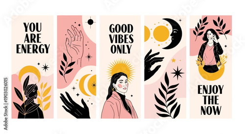 A collection of five vertical illustrations featuring celestial elements, hands, and empowering messages.