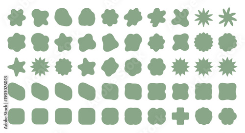 A collection of diverse abstract organic and geometric shapes in a muted green color palette.