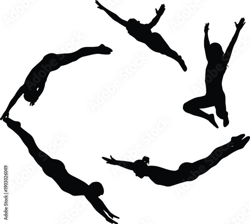 Silhouettes of gymnasts and acrobats performing dynamic jumps and flips in a circular motion, athletic movement concept, vector illustration, isolated on white background