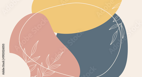 Abstract organic shapes with delicate botanical line art overlay on a neutral background.
