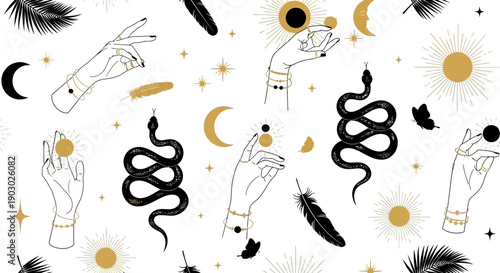Mystical celestial pattern featuring hands, snakes, moons, suns, feathers, and stars.