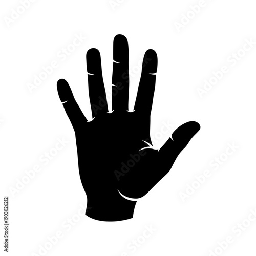A black silhouette of an open hand with all five fingers extended upwards against a white background.