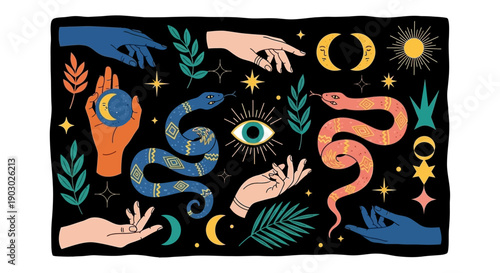 Mystical celestial illustration featuring snakes, hands, moons, stars, and an all-seeing eye on a black background.