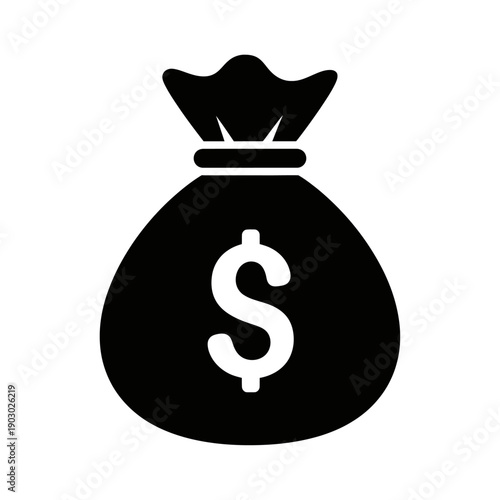 A simple black and white illustration of a money bag with a dollar sign on it.