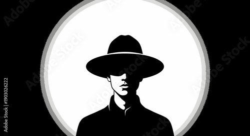 A stylized black and white illustration of a person wearing a wide-brimmed hat, with their face obscured by shadow, set against a large white circle.