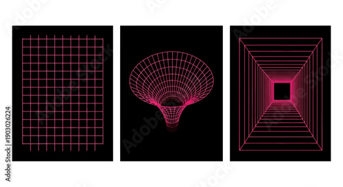Three abstract geometric wireframe graphics in pink on a black background, featuring a grid, a funnel, and a receding tunnel.