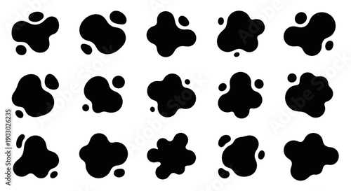 A collection of fifteen black ink splatters and blobs on a white background, arranged in three rows.