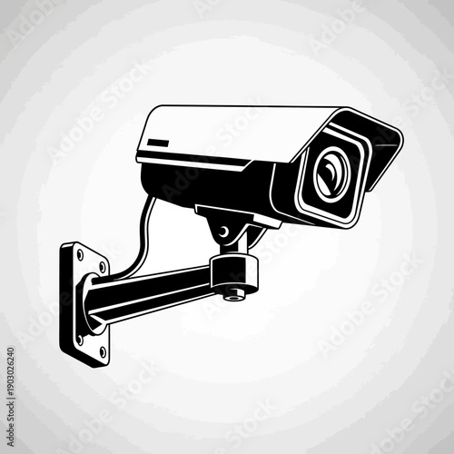 A black and white illustration of a security camera mounted on a wall.