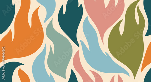 Abstract pattern of stylized flames in warm and cool colors on a cream background.