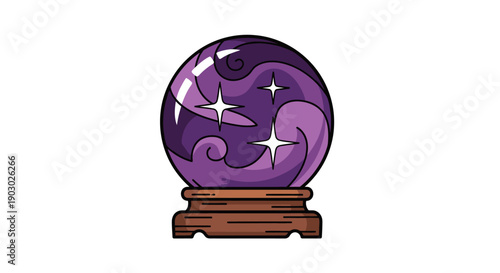 A mystical purple crystal ball with swirling patterns and stars resting on a wooden stand.