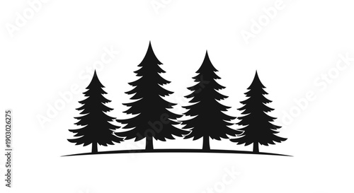 A silhouette of four dark evergreen trees standing tall against a white background.
