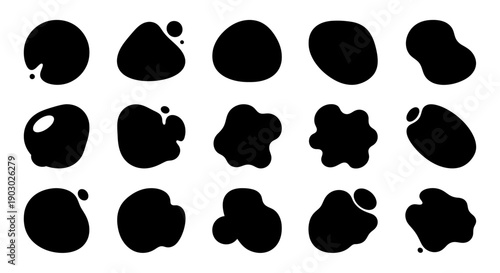 A collection of abstract, blob-like shapes in various irregular forms and sizes, rendered in solid black against a white background.