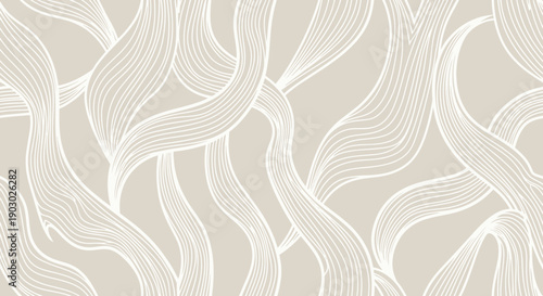 An abstract pattern of flowing, intertwined white lines on a neutral beige background, creating a sense of organic movement and texture.