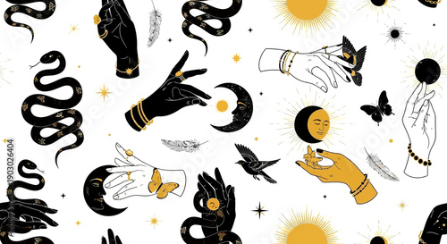 Mystical seamless pattern featuring celestial bodies, snakes, hands, and butterflies in black and gold.