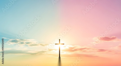 Happy easter sunrise with cross silhouette at dawn