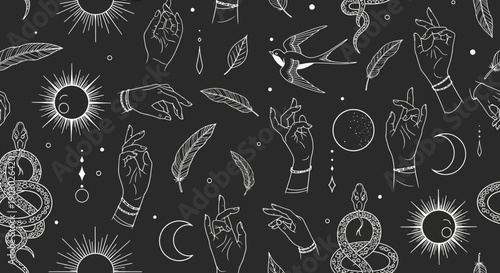 Esoteric and mystical seamless pattern with celestial bodies, hands, feathers, and snakes on a dark background.
