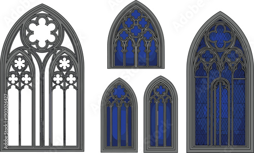 WebGothic cathedral window designs collection with pointed arches, ornate tracery, and blue stained glass patterns inspired by medieval church architecture