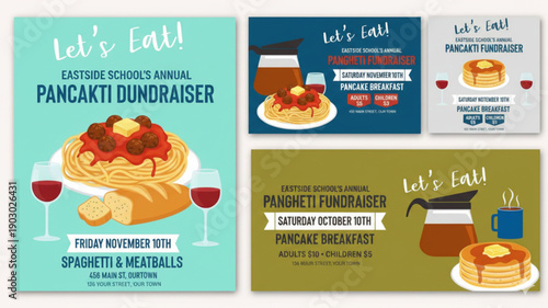School Annual Food Fundraiser Event Flyer Set with Spaghetti Meatballs and Pancake Breakfast Illustrations