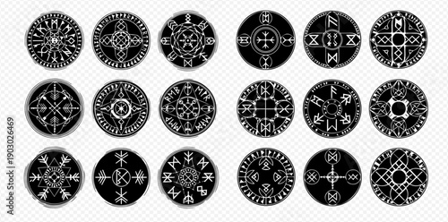 Set of black and white circular runic symbols and magical Viking amulets, isolated on transparent background.