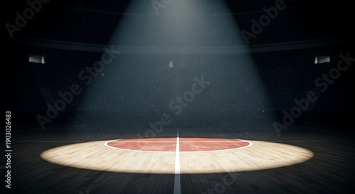 March Madness, Basketball Court Spotlight Empty Arena Dramatic Lighting