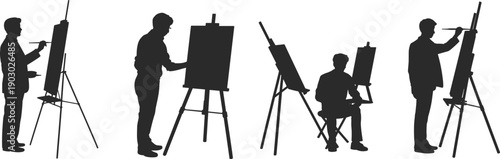 Artist silhouette painting on easel, creative painter at work, art studio process, drawing and painting illustration set