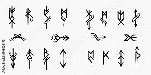 Set of various stylized Viking and Norse rune symbols and arrow designs, isolated on a transparent background, depicting ancient Scandinavian mysticism and tribal art.