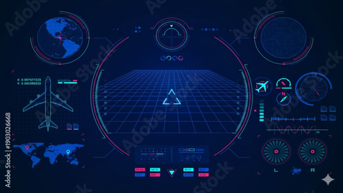 Futuristic Aircraft Cockpit HUD Interface with Digital Radar Global Map and Navigation Flight Control System