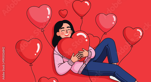 Romantic woman lying down holding red heart balloon vector illustration