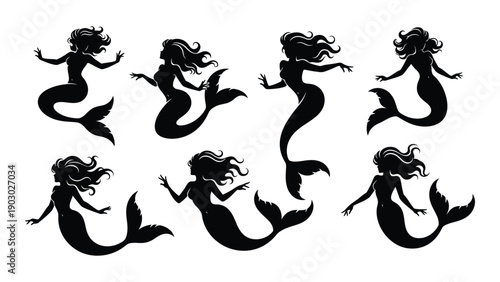Eight mermaids in various poses swimming in a circular formation. Vector