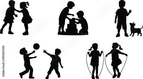 Children silhouette playing together, kids activities and childhood games, happy playtime moments, family and education illustration set
