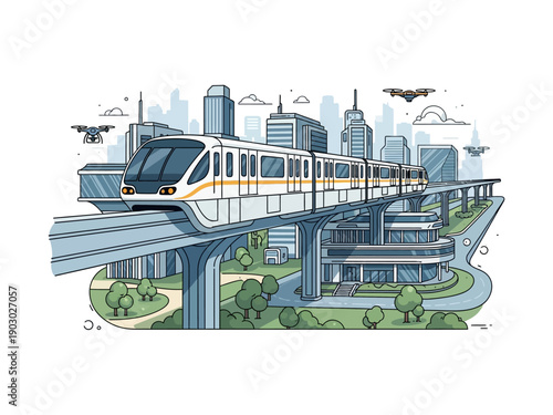Monorail Train Elevated on Modern City Infrastructure.