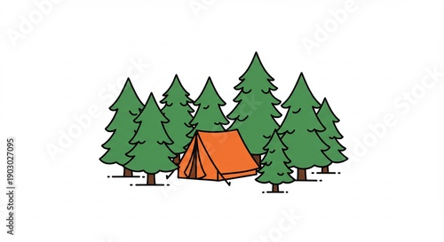 Vibrant orange camping tent nestled among tall green pine trees in a charming simple cartoon style. AI Generated