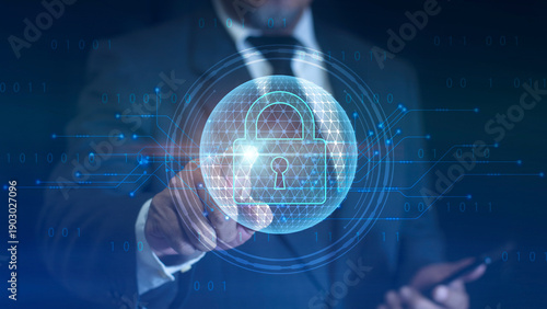 Concept of cybersecurity and data protection. Padlock on a futuristic circuit background. internet protect hacker attack. Cyber security protection technology concept. Privacy secure online network.