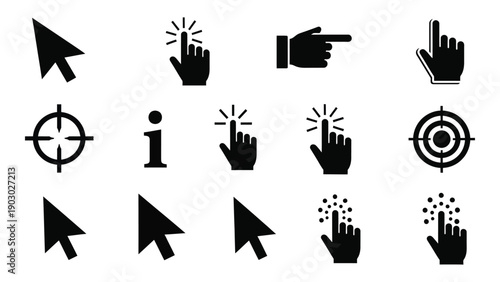 Various mouse cursors and hand icons representing different user interactions and actions Vector