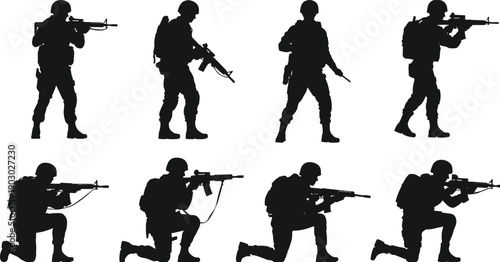 Collection of soldier silhouettes isolated on white background, military combat poses set, armed army figures for tactical design vector illustration bundle