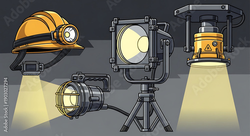 Industrial lighting equipment with a hard hat and spotlights on a gray background showcasing mining and construction tools