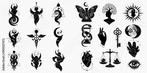 Set of mystical and magical black silhouette symbols, including snakes, butterflies, hands, hearts, and suns, for esoteric designs.