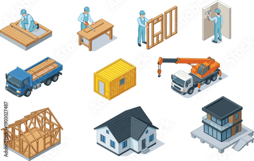 Isometric house construction icons, building process stages, workers assembling structure, crane truck, material transport, residential architecture engineering illustration