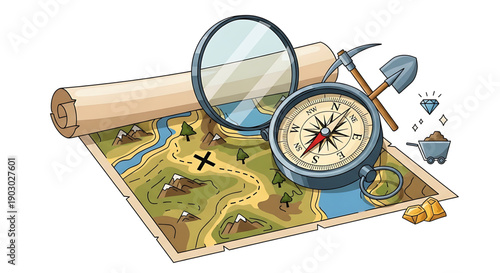 Vintage map with compass magnifying glass and mining tools for treasure hunting adventure