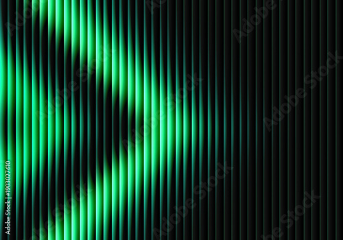 Abstract futuristic background featuring glowing green light beams in a dynamic vertical wave pattern on a black backdrop.
