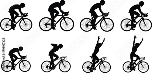 Cyclist silhouettes riding road bike isolated on white background, cycling sport action poses set, bicycle athlete collection for fitness design vector illustration