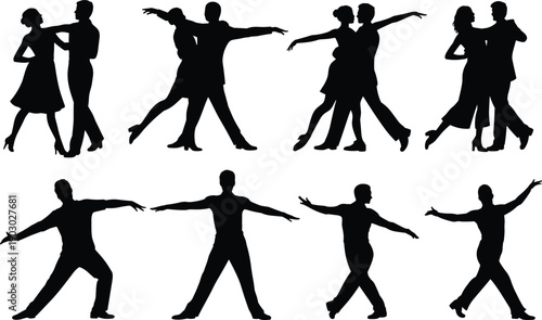 Dance couple silhouette performing ballroom and contemporary moves, elegant dancers in motion, romantic choreography illustration set