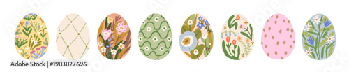 Happy Easter egg designs set. Traditional spring religious holiday decorations, symbols decorated with floral ornament, flower nature patterns. Flat vector illustration isolated on white background