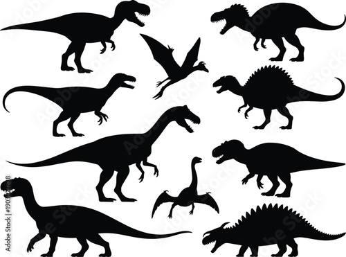 Dinosaur silhouette collection, prehistoric reptile set isolated, T rex and flying dinosaur shapes, jurassic animal silhouettes for educational design illustration use