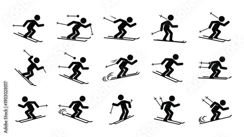 A sequence of black and white illustrations depicting a person skiing down a slope Vector