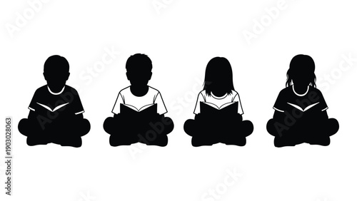Four children sitting in a row reading books in silhouette Vector