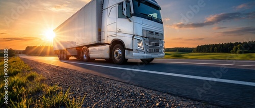 White semi truck driving on a highway at sunset. Heavy cargo vehicle transporting goods on a country road with motion blur. Logistics and delivery concept