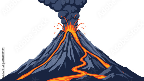 Large volcano erupts with glowing orange lava flowing down its rocky slopes into a landscape under dark smoke clouds.