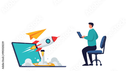 Entrepreneur works on his laptop as a rocket launches from another computer screen symbolizing a successful business startup.